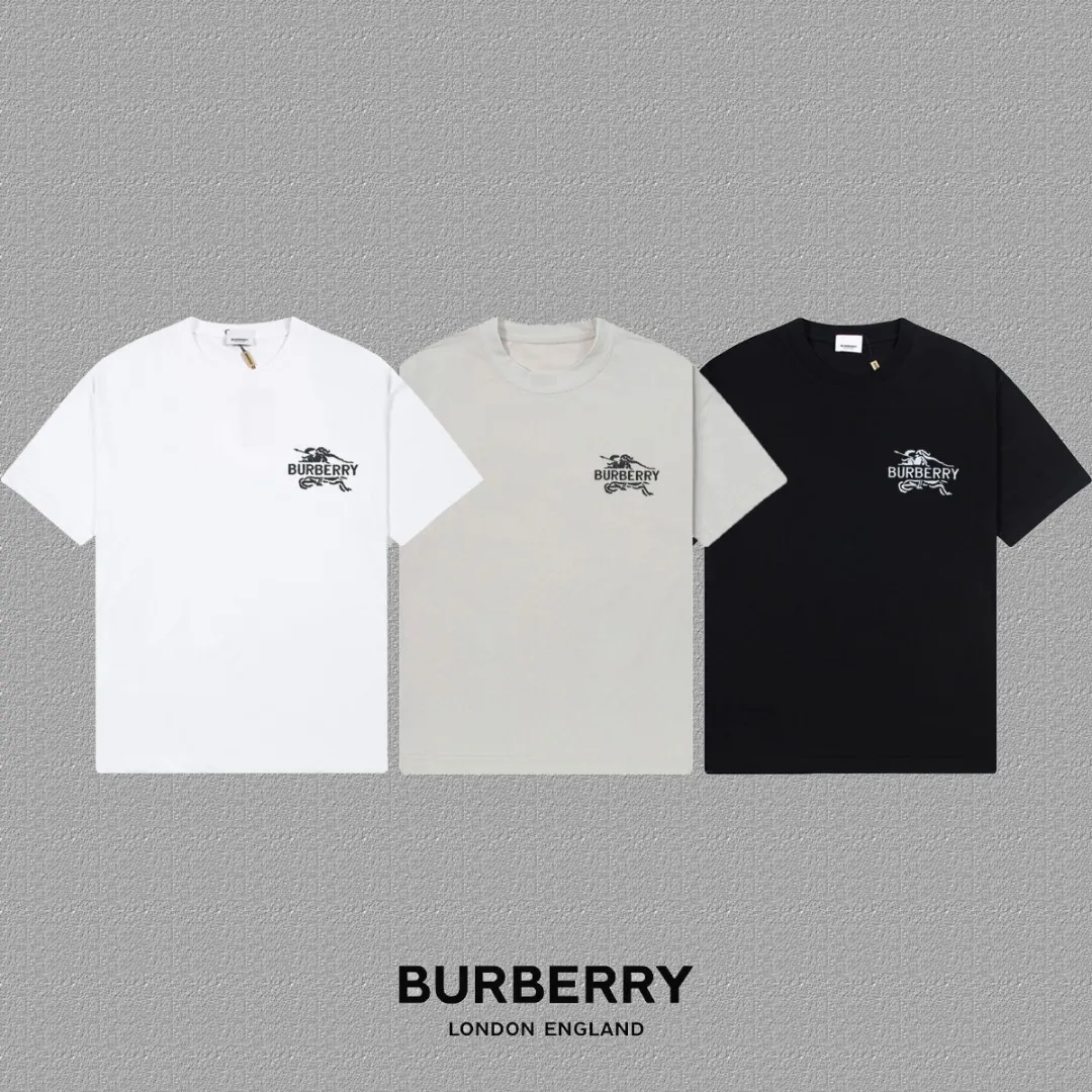 P85✨🔥 [BURBERRY] 2026FW short-sleeved T-shirt, embroidery technology, Premium 26s double yarn 300g fabric, heavy fabric, custom stretcher rib, same vat and dye, complete three labels, same style for men and women, Color: Black White Gray Size: S M L XL 2XL